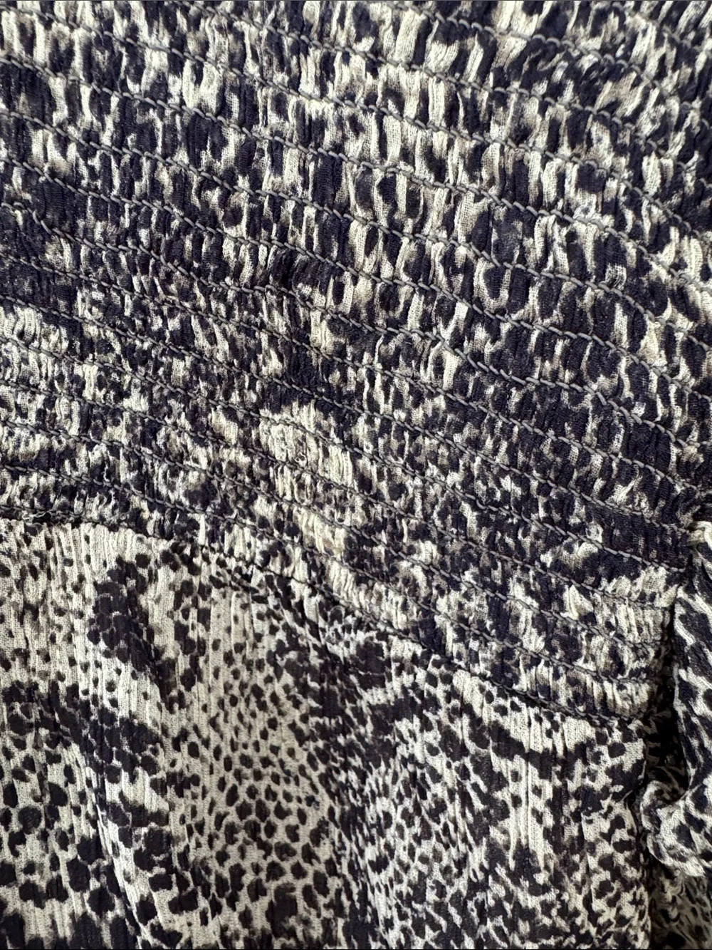 #595 FREE PEOPLE Roma Sheer Smocked-Neck Animal Print Blouse - Black & White